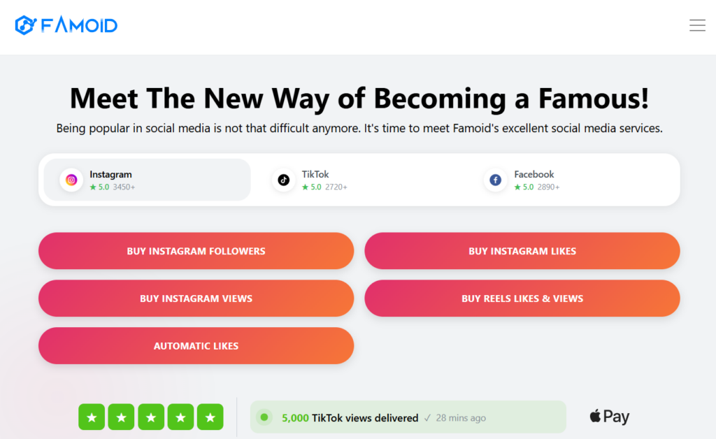 Screenshot of the Famoid homepage showing main services.