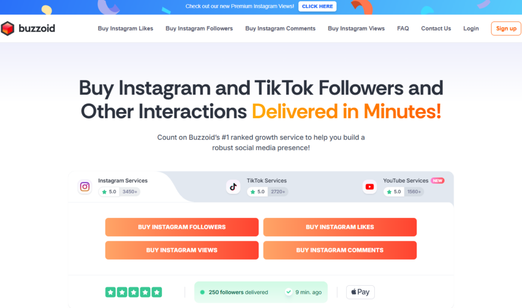 Screenshot of the Buzzoid homepage showing main services and login button.