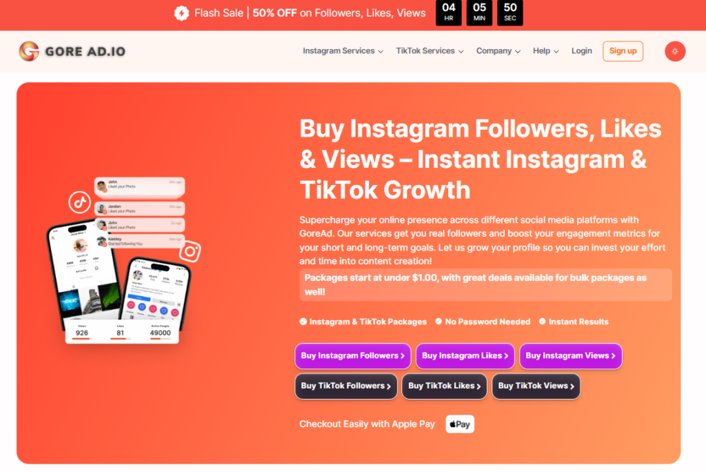 Screenshot of the GoreAd homepage showing main services and login button.