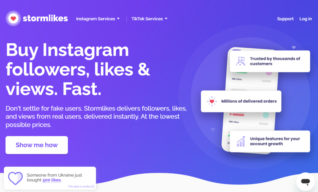Screenshot of the StormLikes homepage showing main services and login button.