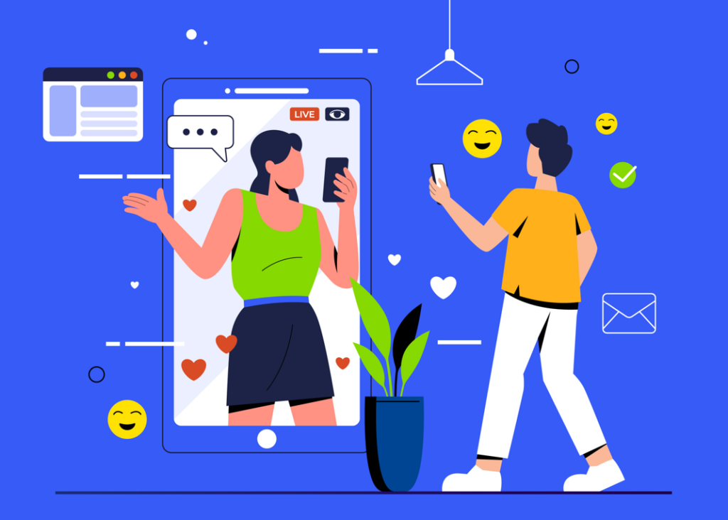 An illustration of two people interacting through a livestream on a smartphone.
