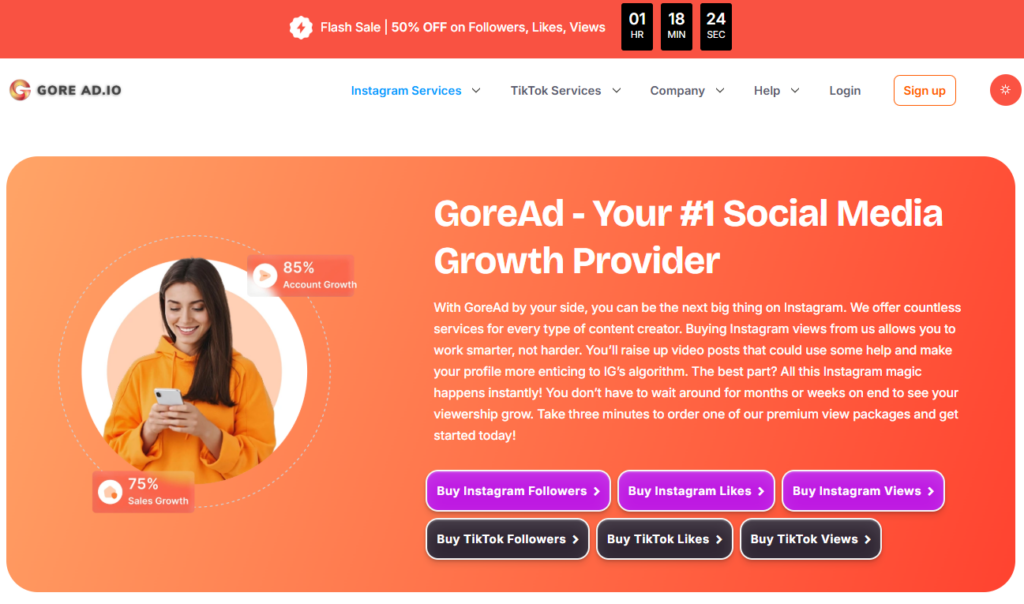 A screenshot of the GoreAd page displaying the list of services.