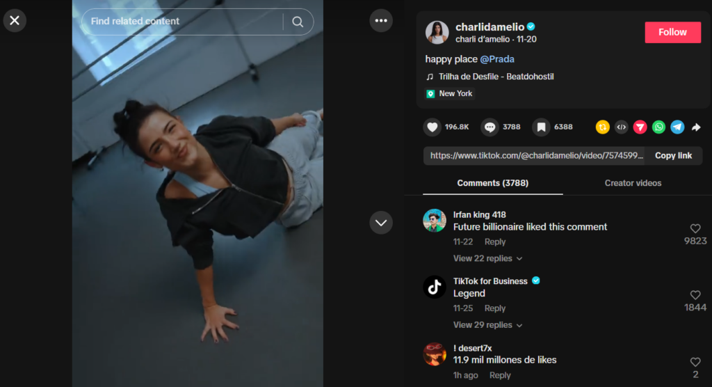 Screenshot of Charli D’Amelio’s TikTok page showing a popular video and audience engagement.