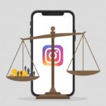 Illustration of an Instagram phone behind scales of justice