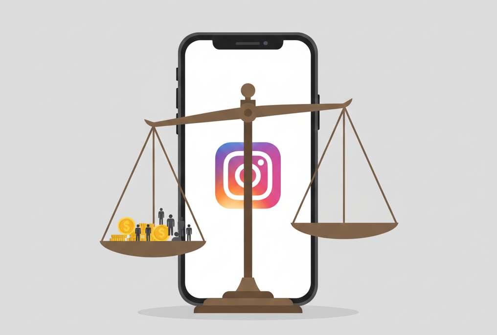 Illustration of an Instagram phone behind scales of justice