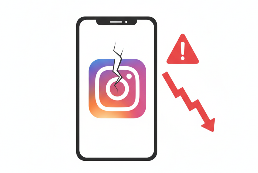 Smartphone with a broken Instagram logo and a red arrow pointing down