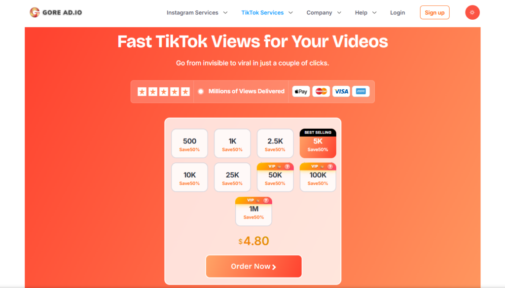 Screenshot of GoreAd order page showing available TikTok packages and prices.
