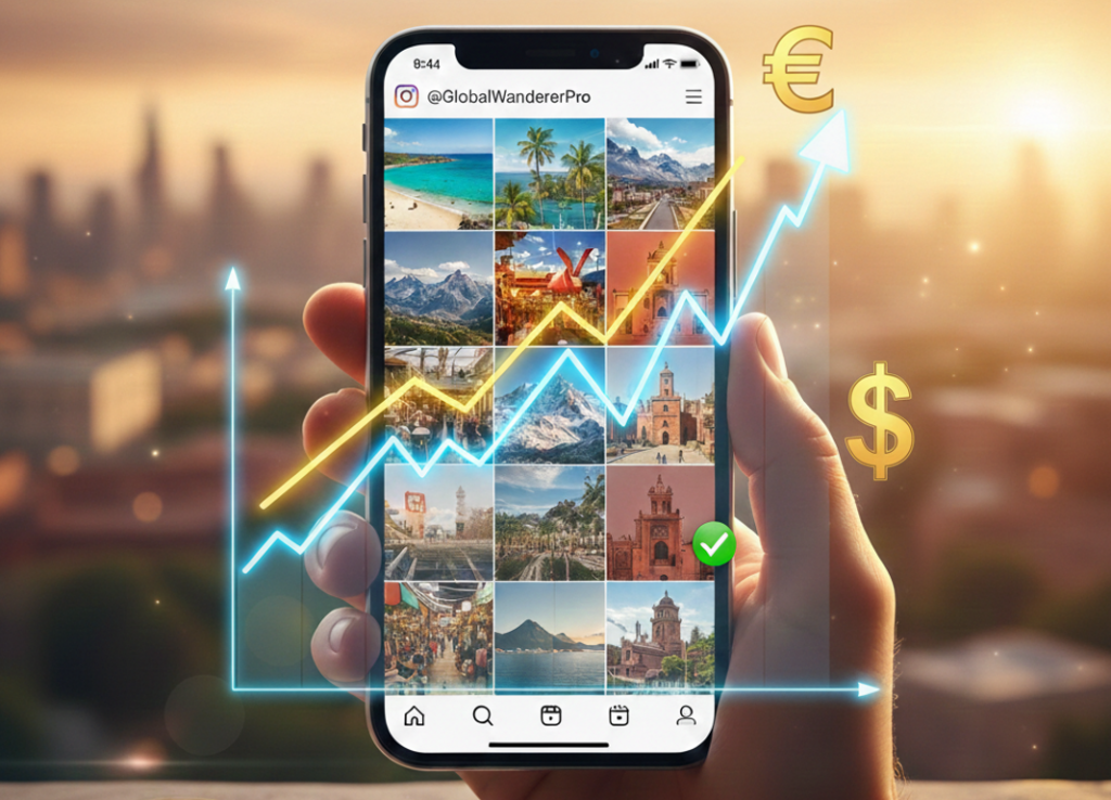 A smartphone showing a travel Instagram account with a growth chart and money symbols.