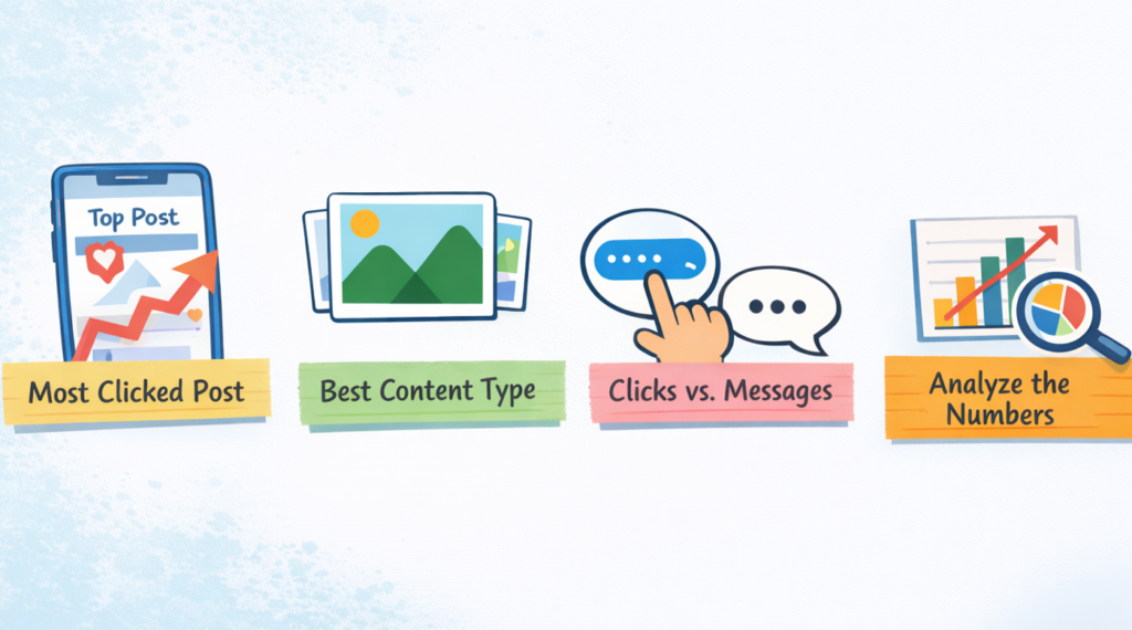 Illustration of Instagram posts with clicks and basic analytics.