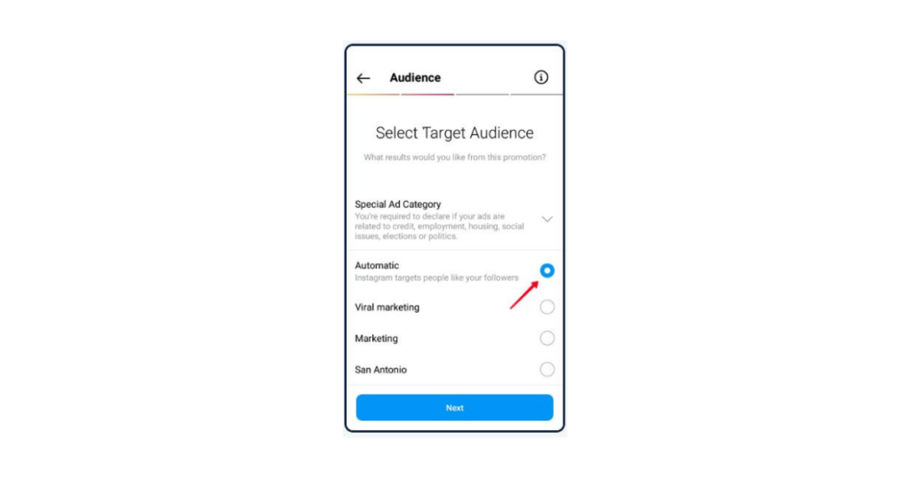 Captură de ecran de la GoRead.io de pe Instagram care indică opțiunea "Automatic" pentru a automatiza publicul țintă.