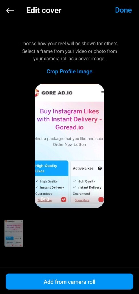 Interfața de editare a coperților, unde puteți crea coperți personalizate pentru rolele dumneavoastră. Sursa: Aplicația Instagram, Adly.com