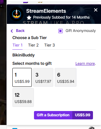 O captură de ecran GoRead.io a opțiunilor de cumpărare a abonamentelor cadou de la Twitch.